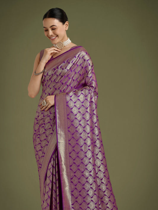 Flattering Purple Banarasi Satin Silk Zari Weaving Work Designer Saree