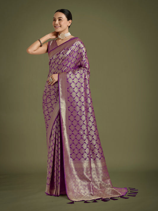 Flattering Purple Banarasi Satin Silk Zari Weaving Work Designer Saree