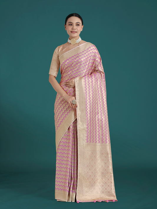 Wonderful Light Lilac Soft Banarasi Satin Silk Leheriya Design Saree