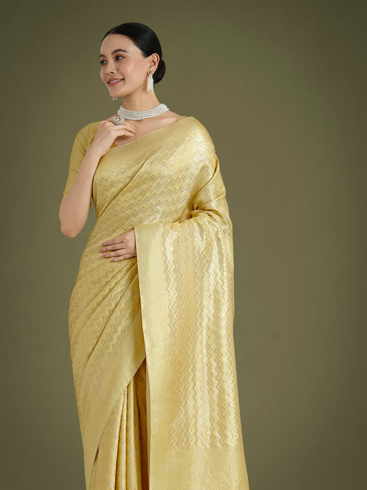 Wonderful Light Yellow Soft Banarasi Satin Silk Leheriya Design Saree