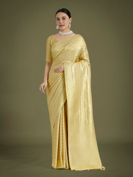 Wonderful Light Yellow Soft Banarasi Satin Silk Leheriya Design Saree