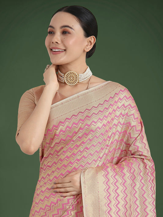 Wonderful Light Pink Soft Banarasi Satin Silk Leheriya Design Saree