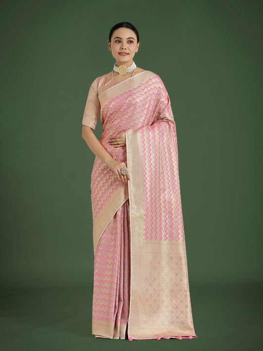 Wonderful Light Pink Soft Banarasi Satin Silk Leheriya Design Saree