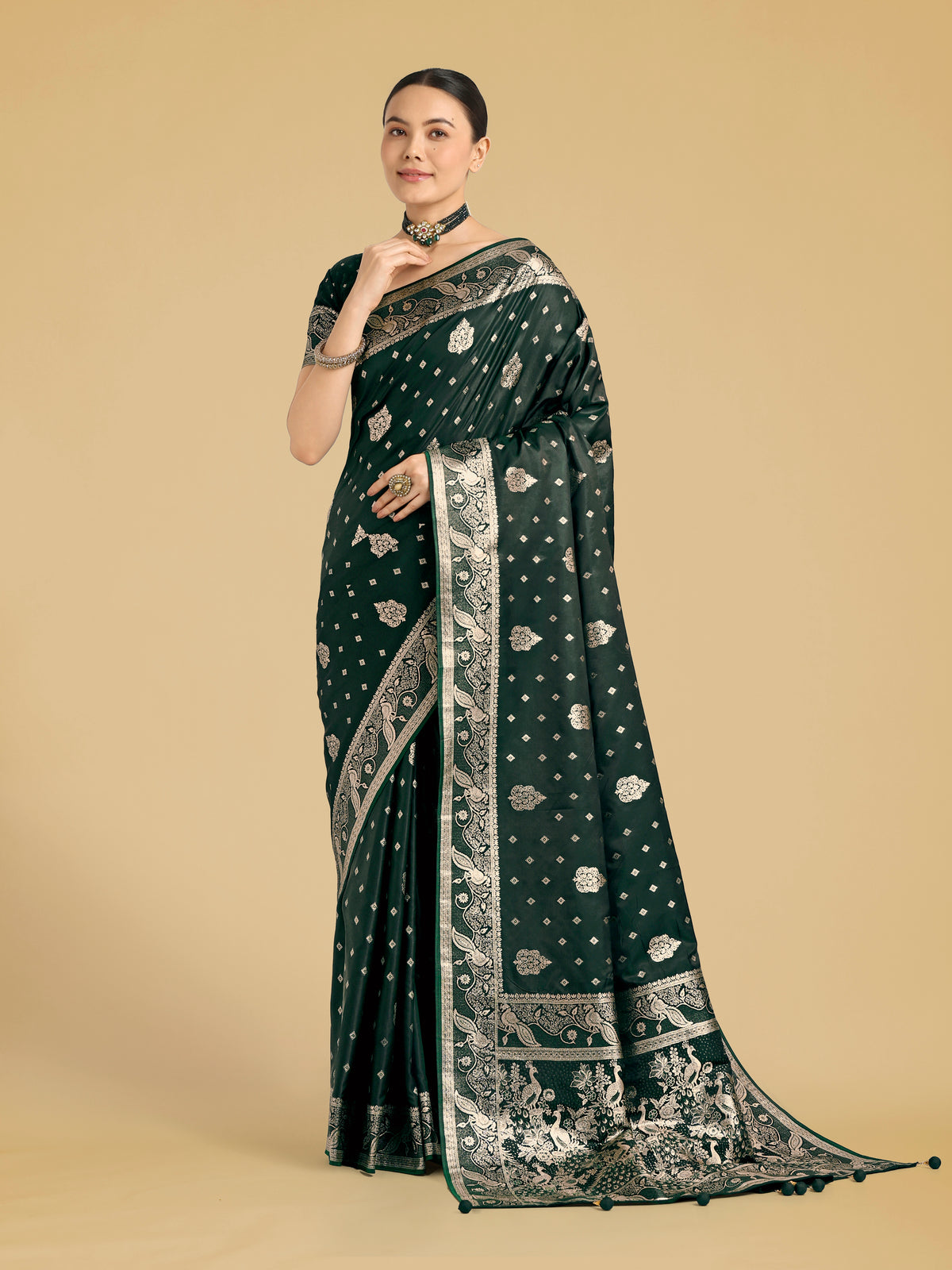 Traditional Dark Green Woven Banarasi Satin Silk Saree