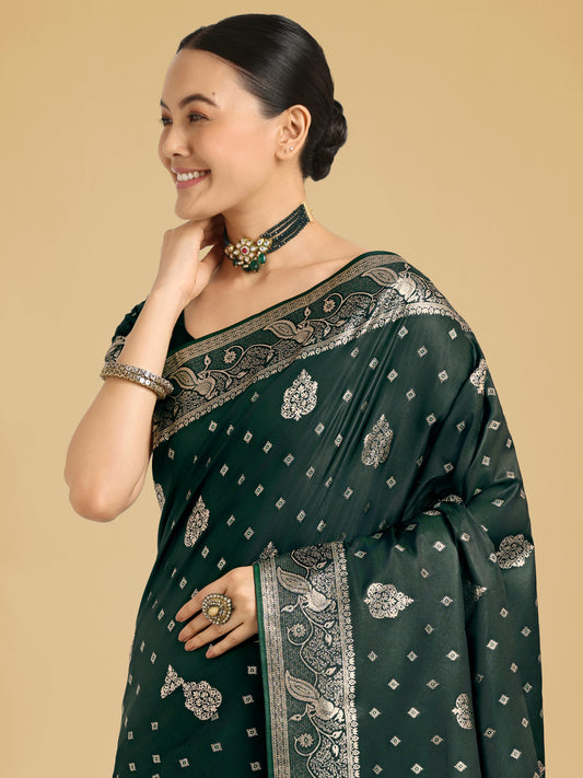 Traditional Dark Green Woven Banarasi Satin Silk Saree