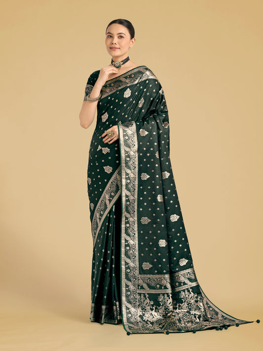 Traditional Dark Green Woven Banarasi Satin Silk Saree