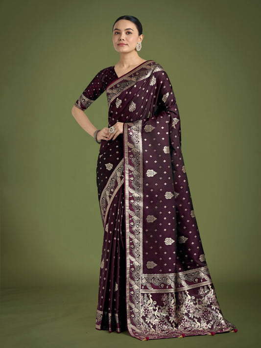 Traditional Wine Woven Banarasi Satin Silk Saree