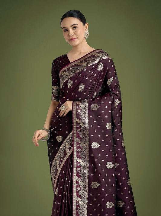 Traditional Wine Woven Banarasi Satin Silk Saree