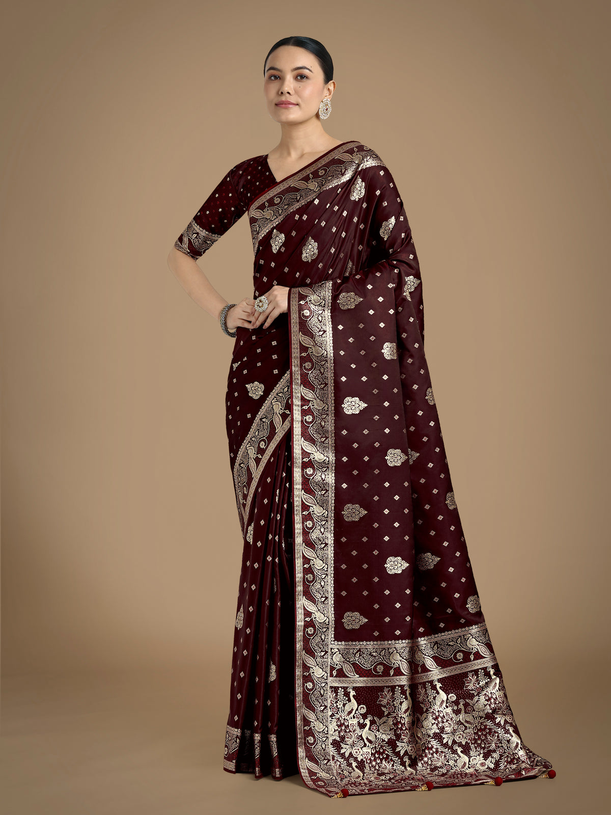 Traditional Maroon Woven Banarasi Satin Silk Saree