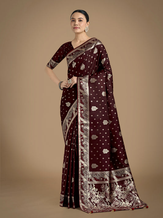 Traditional Maroon Woven Banarasi Satin Silk Saree
