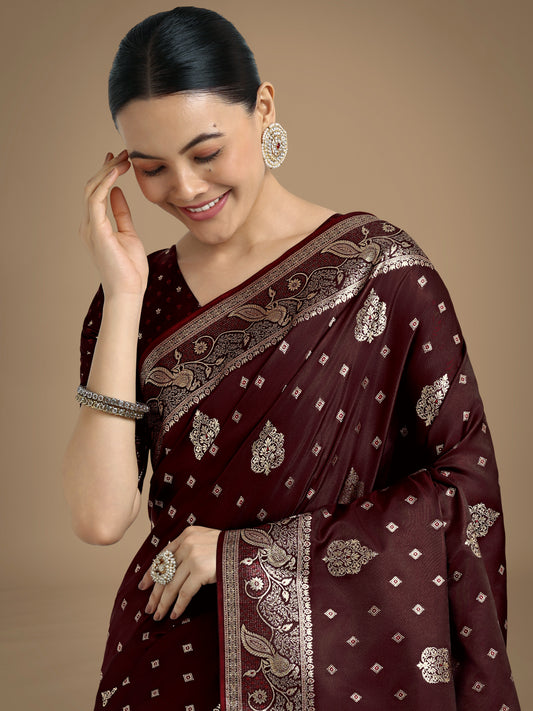 Traditional Maroon Woven Banarasi Satin Silk Saree