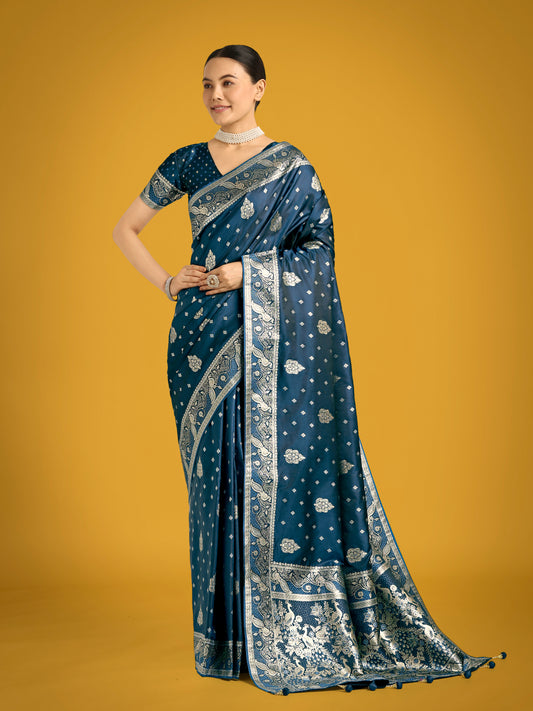 Traditional Aqua blue Woven Banarasi Satin Silk Saree
