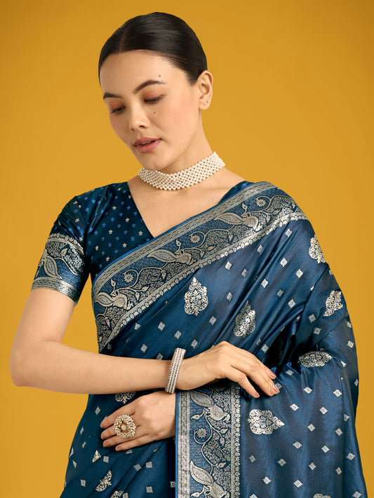 Traditional Aqua blue Woven Banarasi Satin Silk Saree