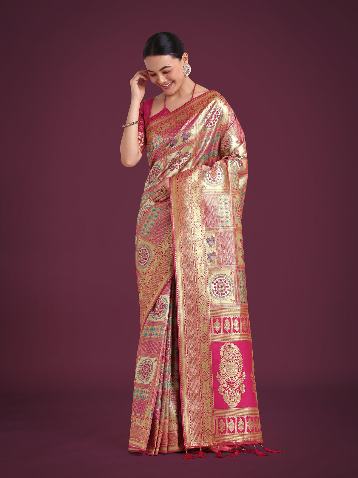 Charming Rani Pink and Gold Soft Banarasi satin Silk Saree With Pretty Blouse Piece