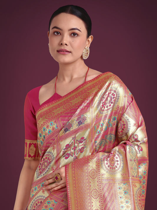 Charming Rani Pink and Gold Soft Banarasi satin Silk Saree With Pretty Blouse Piece