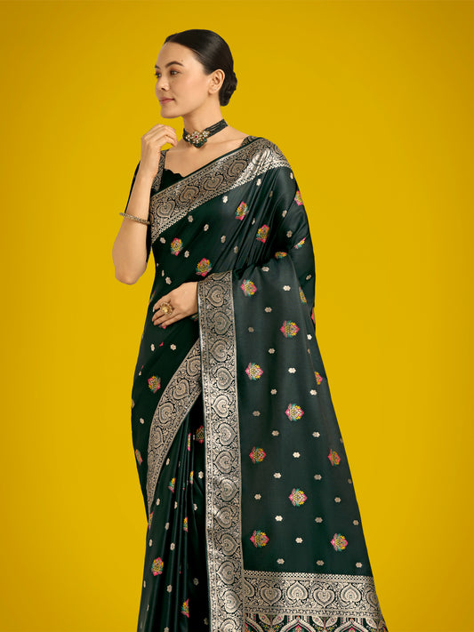 Dark Green Charming Soft Banarasi Zari Woven Designer Satin Silk Saree