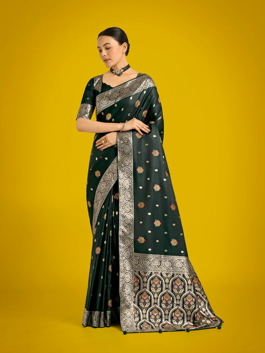Dark Green Charming Soft Banarasi Zari Woven Designer Satin Silk Saree