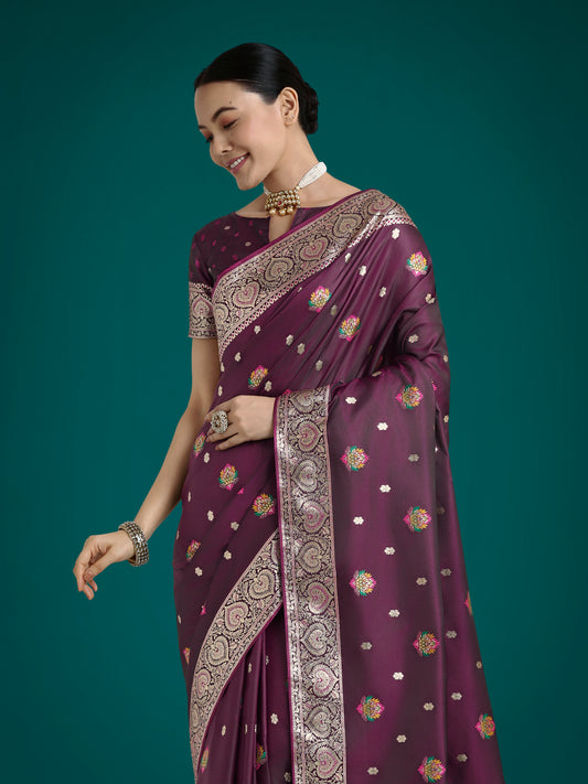 Wine Charming Soft Banarasi Zari Woven Designer Satin Silk Saree