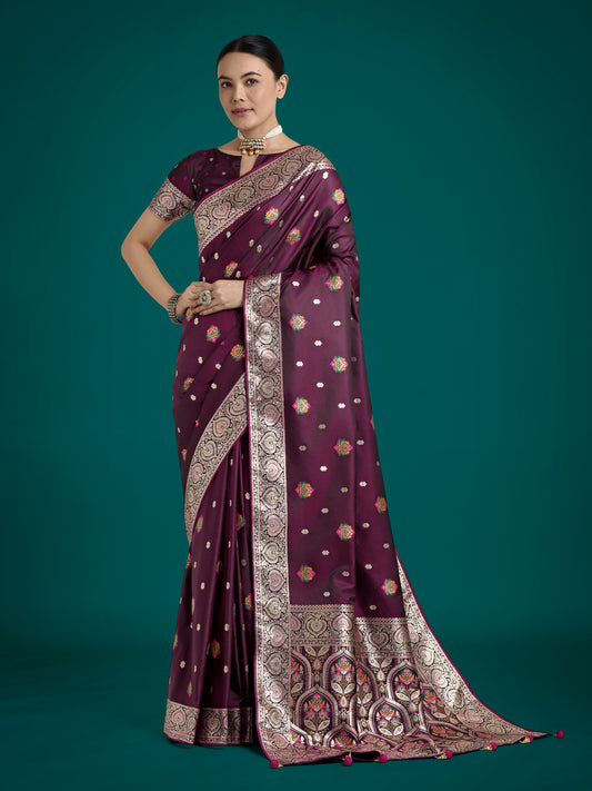 Wine Charming Soft Banarasi Zari Woven Designer Satin Silk Saree