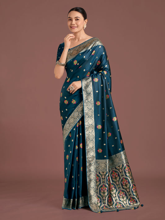 Teal Charming Soft Banarasi Zari Woven Designer Satin Silk Saree