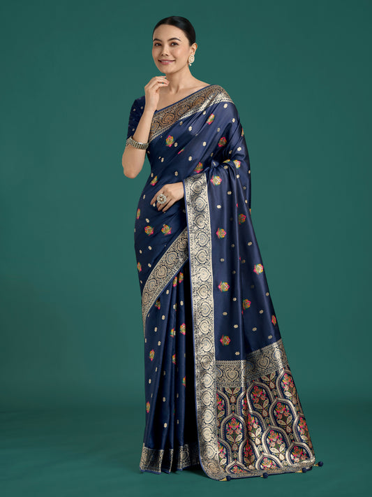 Navy blue Charming Soft Banarasi Zari Woven Designer Satin Silk Saree