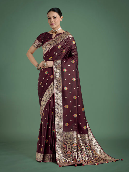 Maroon Charming Soft Banarasi Zari Woven Designer Satin Silk Saree