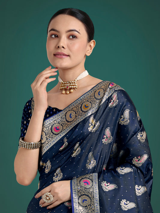 Blue Color Festival Wear Banarasi Satin Silk Designer Zari Weaving Saree