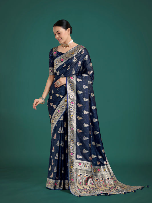 Blue Color Festival Wear Banarasi Satin Silk Designer Zari Weaving Saree