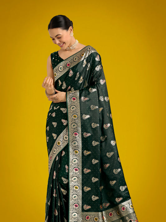 Dark Green Color Festival Wear Banarasi Satin Silk Designer Zari Weaving Saree