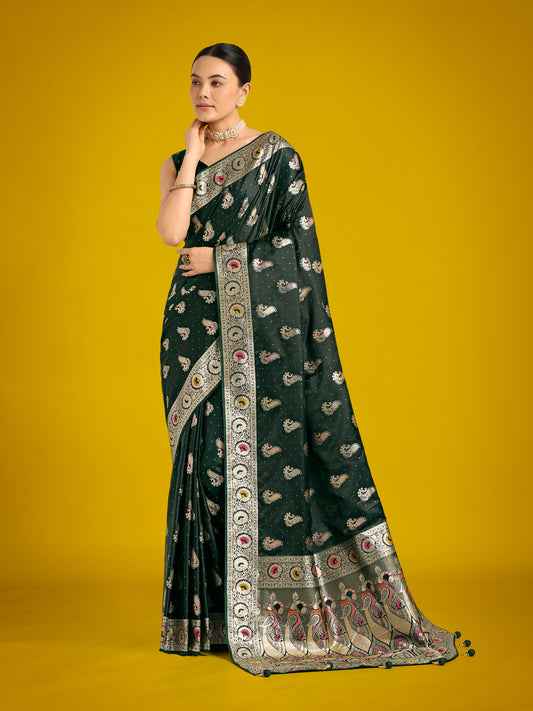 Dark Green Color Festival Wear Banarasi Satin Silk Designer Zari Weaving Saree