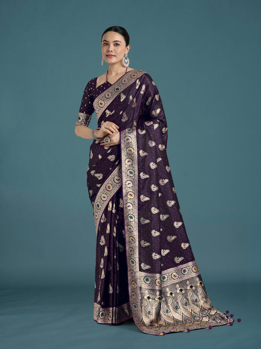 Purple Color Festival Wear Banarasi Satin Silk Designer Zari Weaving Saree