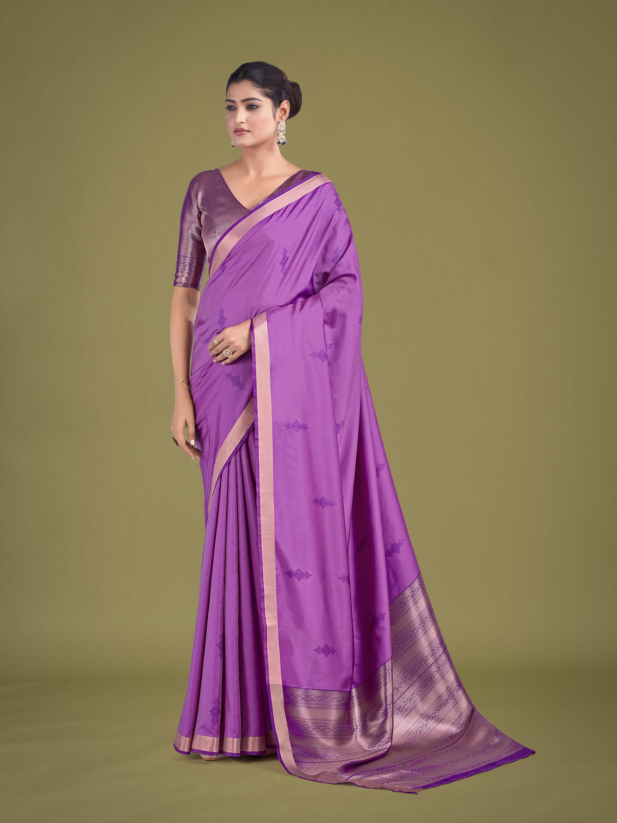 Charming Lavender Color Silk Golden Zari Woven Ceremony Saree