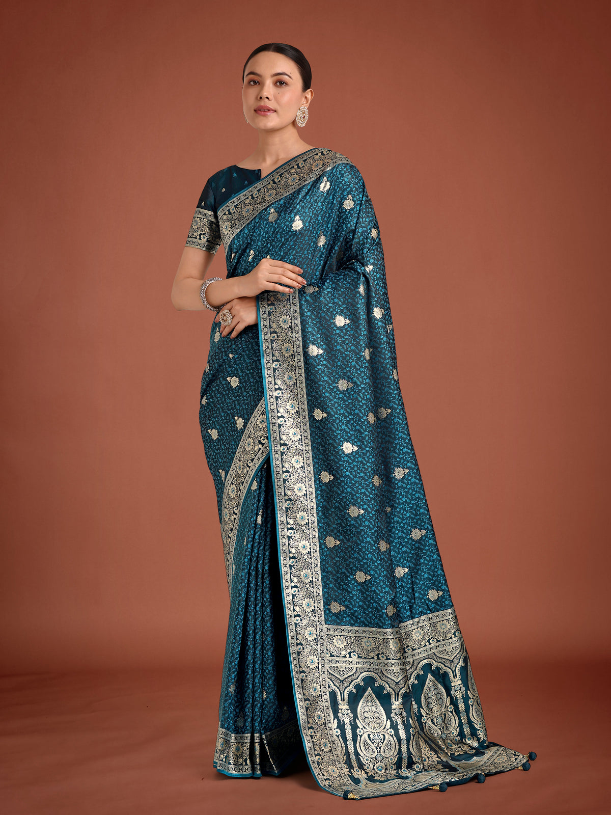 Dark Teal Banarasi Satin Silk Saree with Intricate Zari Woven Work