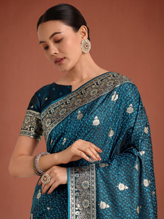 Dark Teal Banarasi Satin Silk Saree with Intricate Zari Woven Work