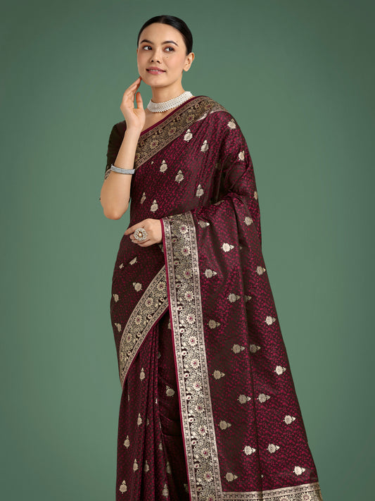 Maroon Banarasi Satin Silk Saree with Intricate Zari Woven Work