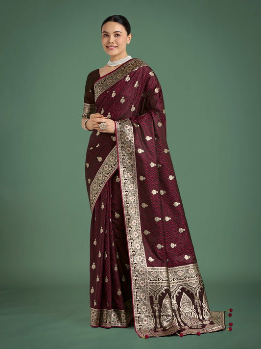 Maroon Banarasi Satin Silk Saree with Intricate Zari Woven Work