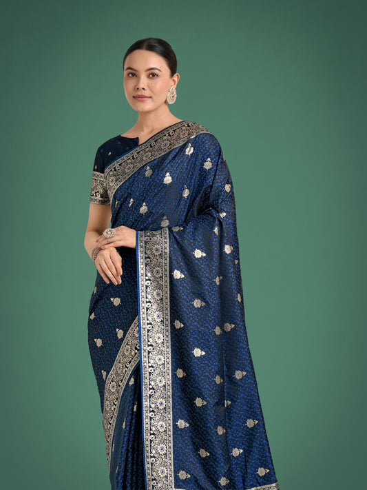 Blue Banarasi Satin Silk Saree with Intricate Zari Woven Work