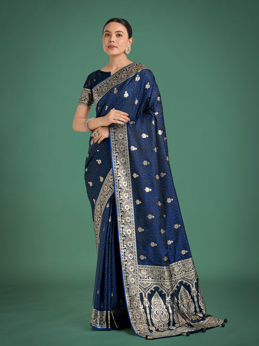 Blue Banarasi Satin Silk Saree with Intricate Zari Woven Work