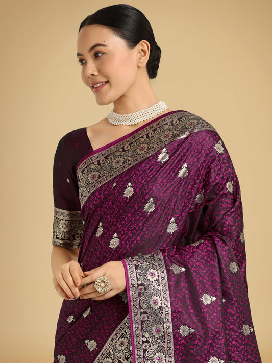 Wine Banarasi Satin Silk Saree with Intricate Zari Woven Work