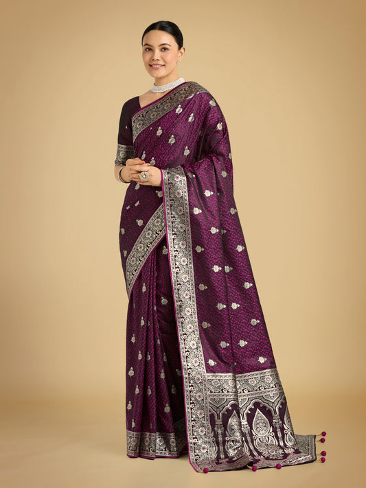 Wine Banarasi Satin Silk Saree with Intricate Zari Woven Work