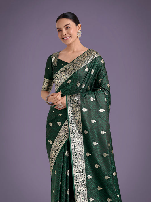 Dark Green Banarasi Satin Silk Saree with Intricate Zari Woven Work