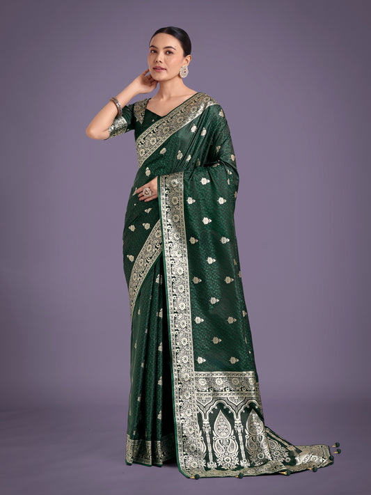 Dark Green Banarasi Satin Silk Saree with Intricate Zari Woven Work