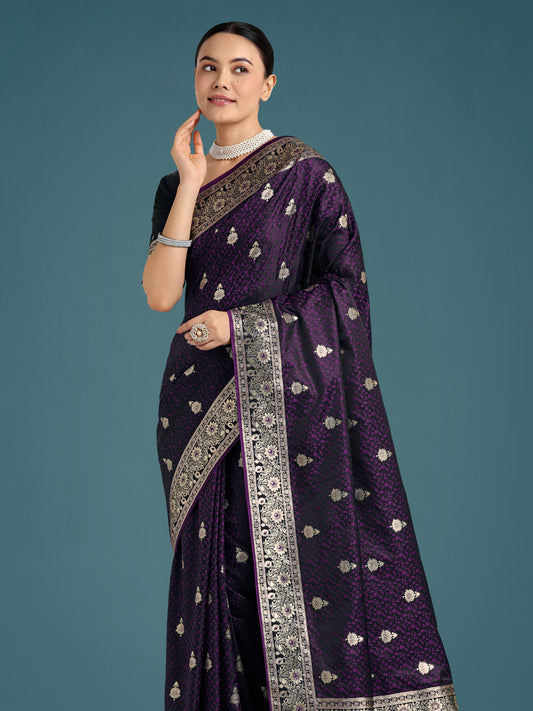 Purple Banarasi Satin Silk Saree with Intricate Zari Woven Work