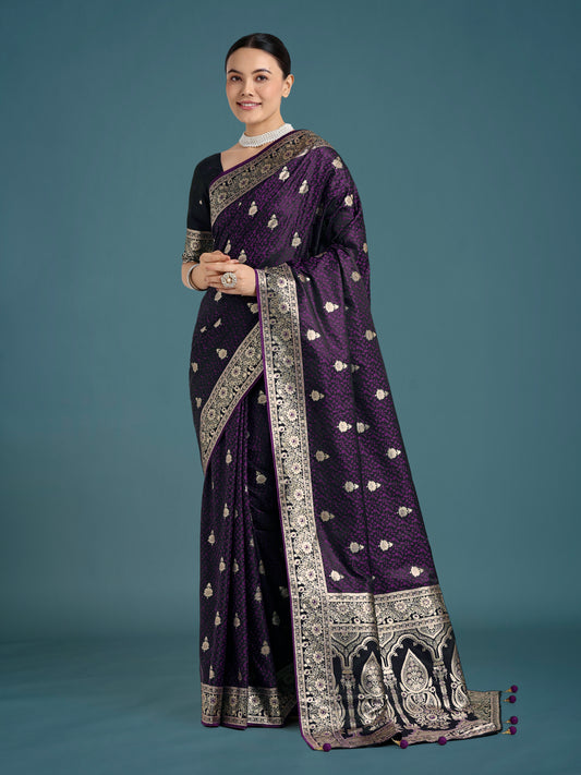 Purple Banarasi Satin Silk Saree with Intricate Zari Woven Work