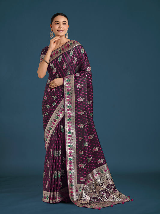 Wine With Gold Bordar Banarasi Zari Woven Satin Saree