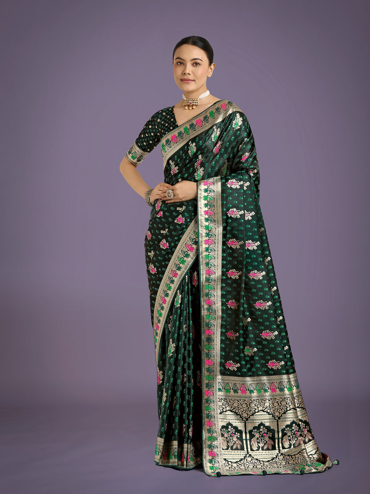 Dark Green With Gold Bordar Banarasi Zari Woven Satin Saree