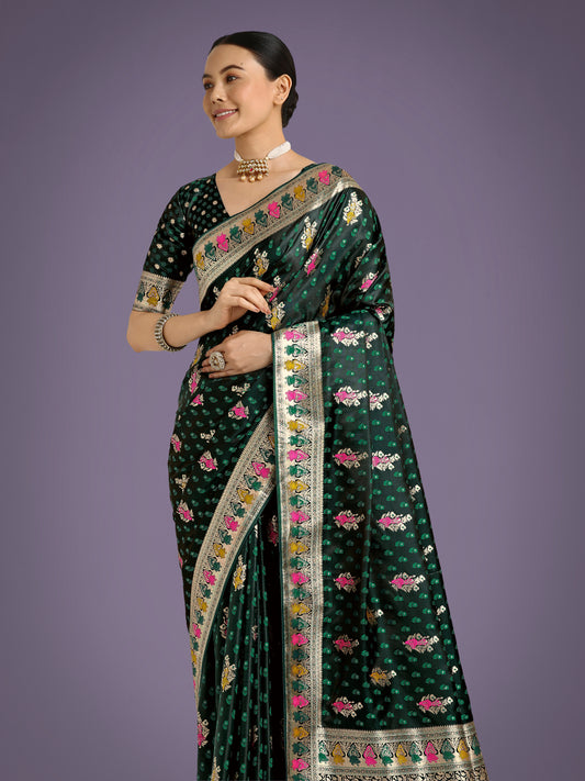 Dark Green With Gold Bordar Banarasi Zari Woven Satin Saree