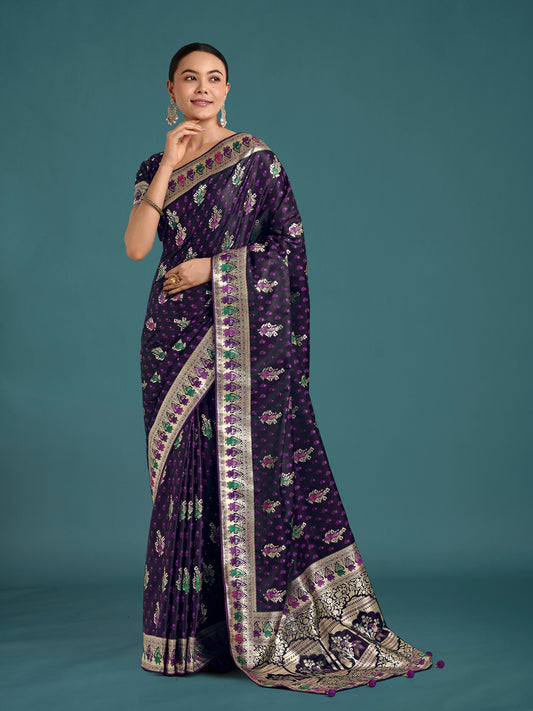 Purple With Gold Bordar Banarasi Zari Woven Satin Saree