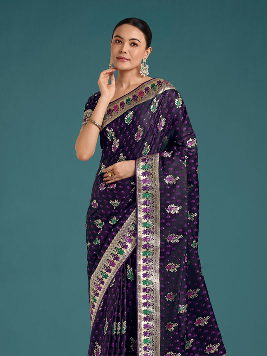 Purple With Gold Bordar Banarasi Zari Woven Satin Saree