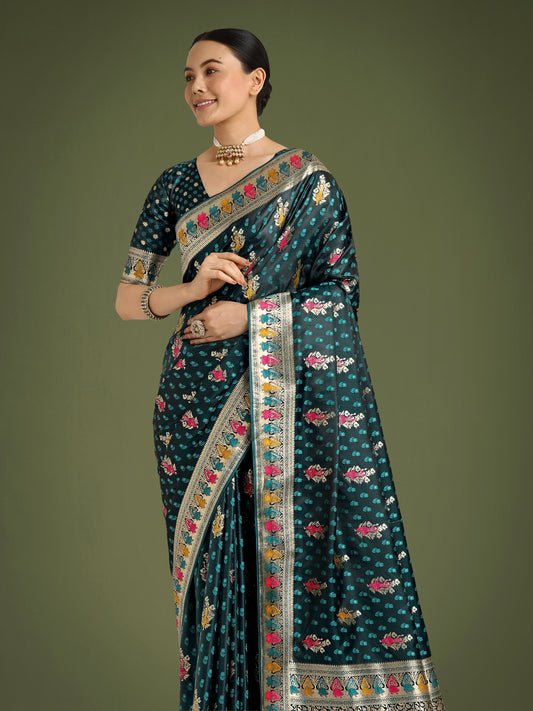 Teal With Gold Bordar Banarasi Zari Woven Satin Saree